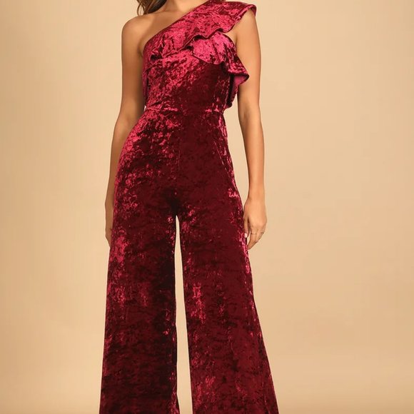Burgundy Crushed Velvet One-Shoulder Jumpsuit I Size M - Picture 1 of 8